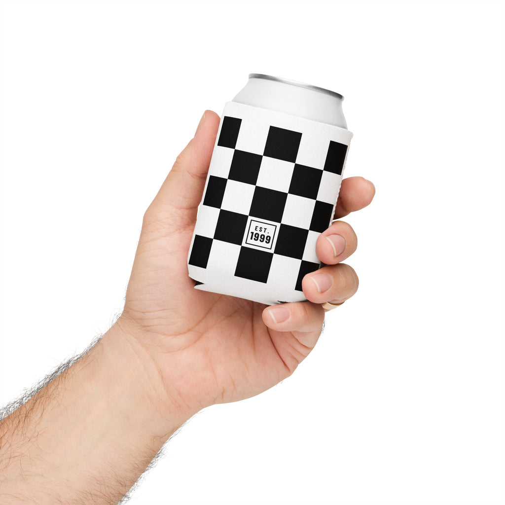 Black checkerboard can cooler with Est. 1999 tag, held in hand
