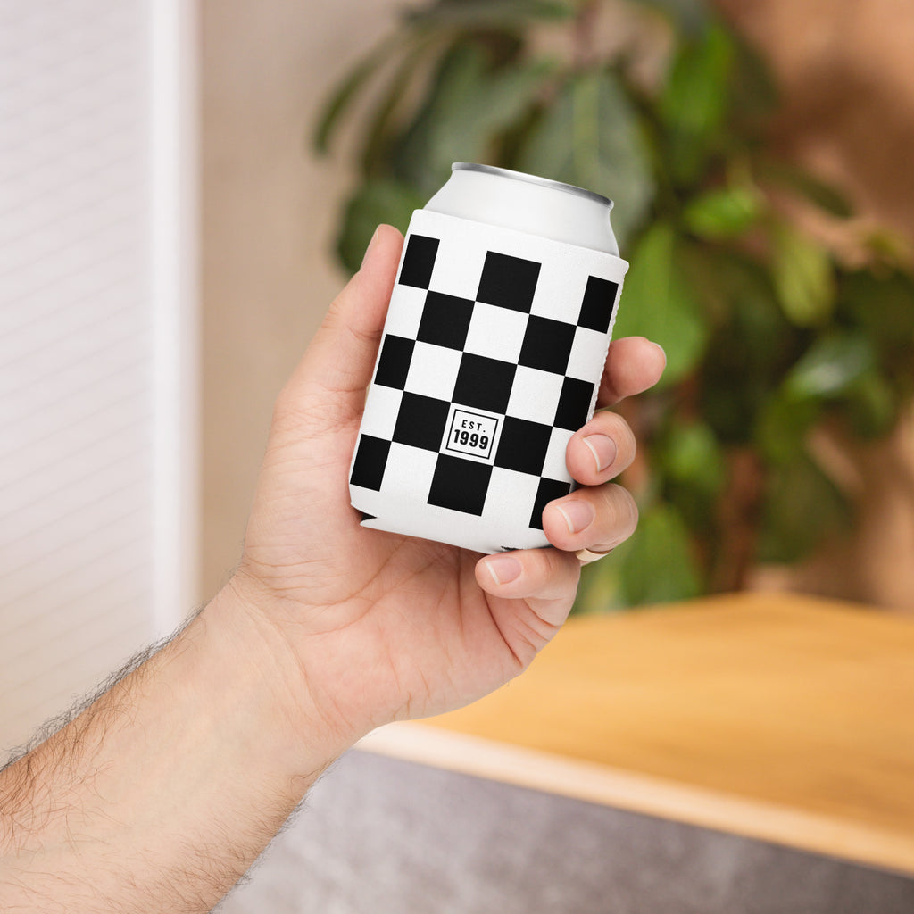 Black checkerboard can cooler held in hand indoors
