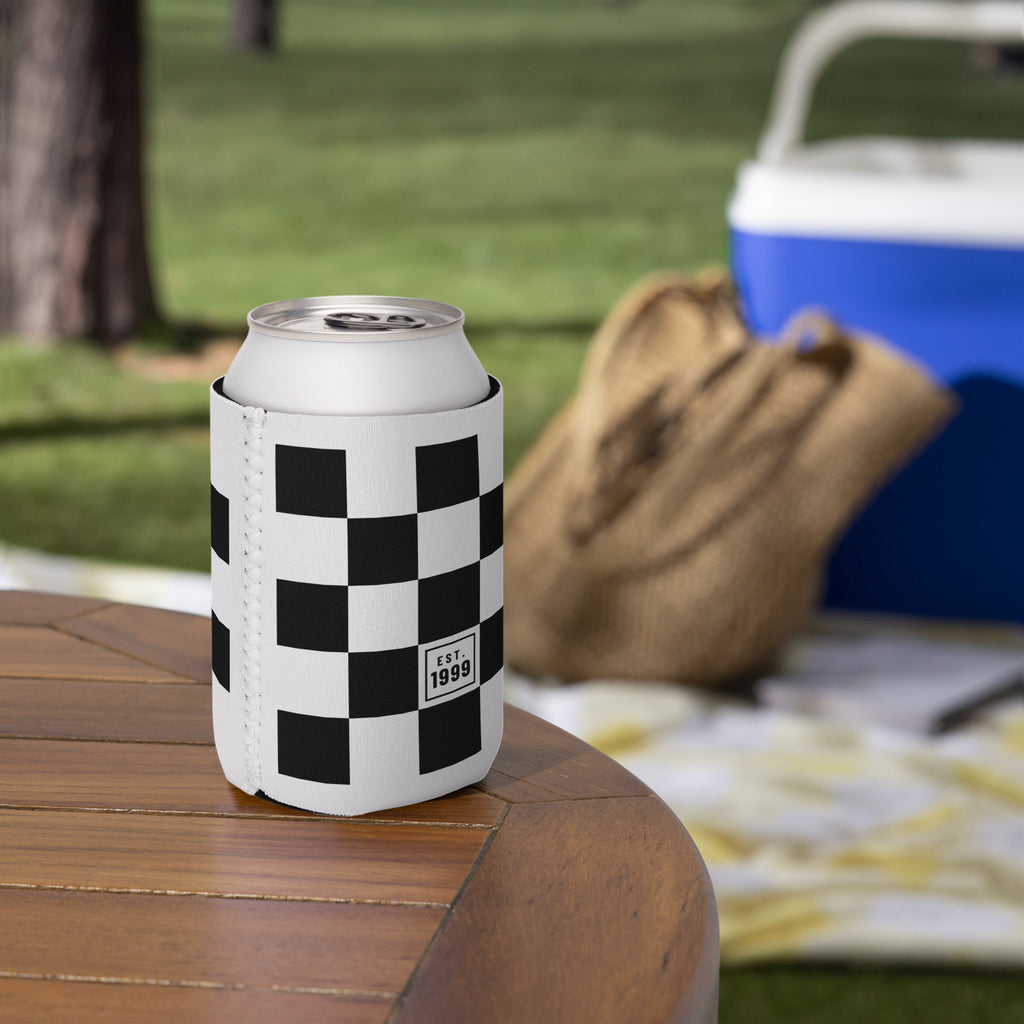 Black checkerboard can cooler on an outdoor table