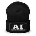 Black cuffed beanie with white embroidered AI (Actual Intelligence) mark on the cuff