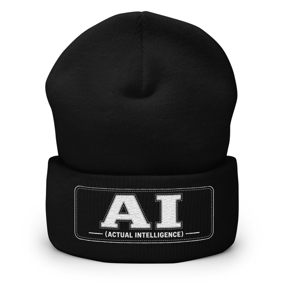 Black cuffed beanie with white embroidered AI (Actual Intelligence) mark on the cuff