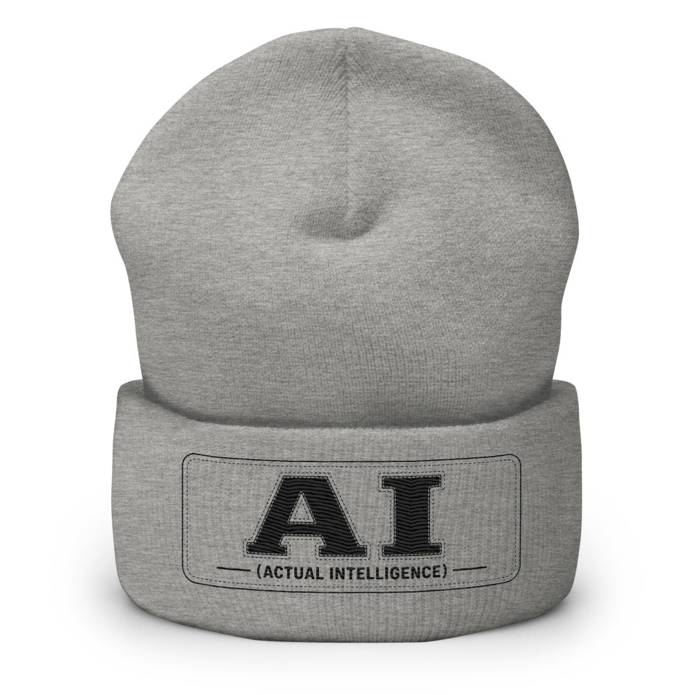 Heather grey cuffed beanie with black embroidered AI (Actual Intelligence) mark on the cuff