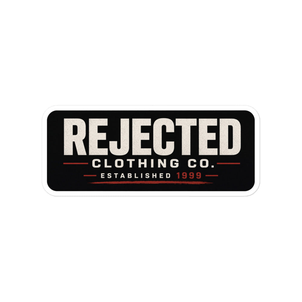 Die-cut Rejected Clothing Co. Established 1999 label sticker with the year in red
