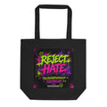 Black organic cotton tote bag with neon green and pink Reject Hate graffiti print