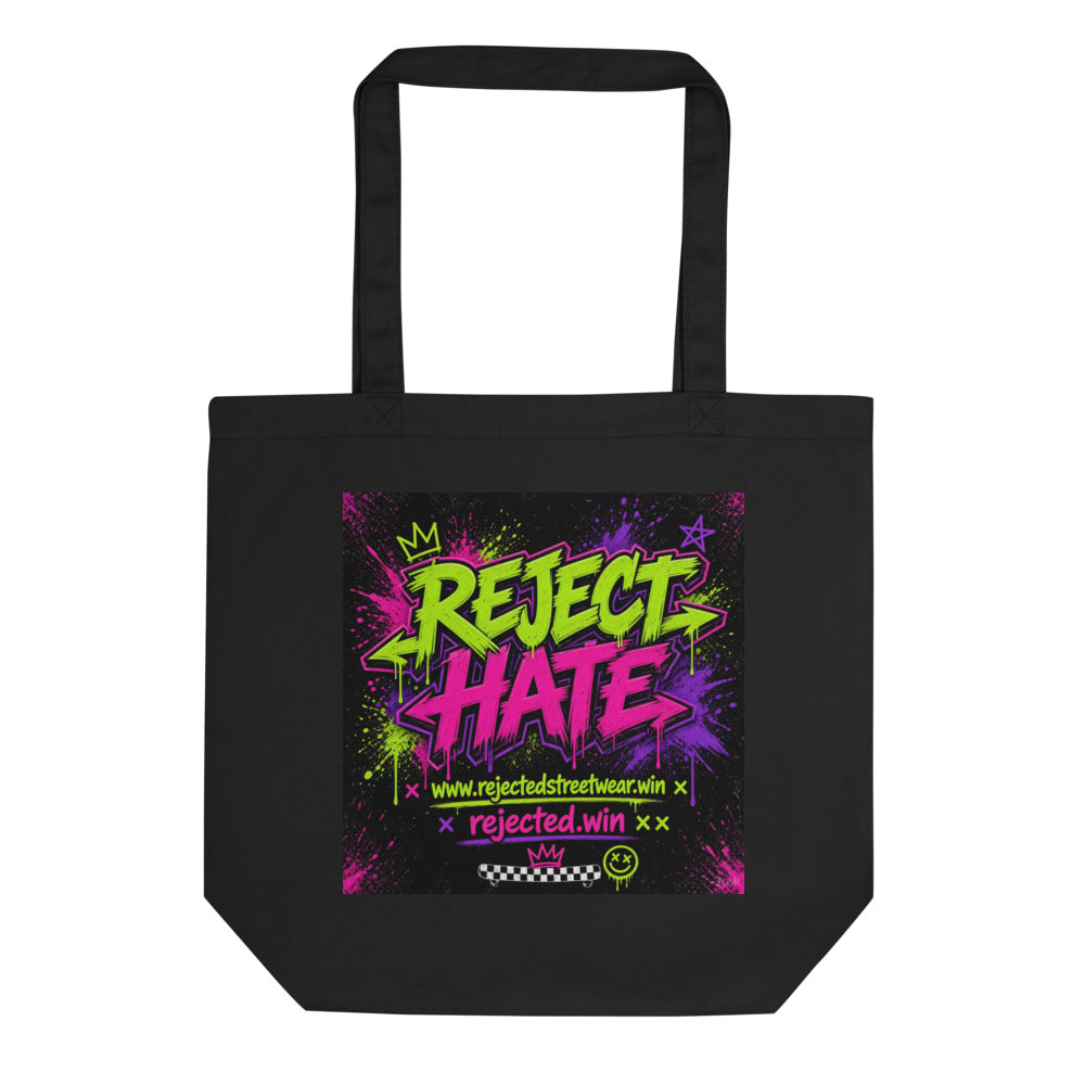 Black organic cotton tote bag with neon green and pink Reject Hate graffiti print