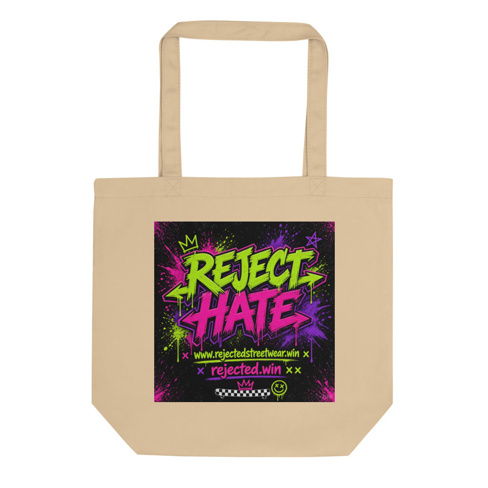 Oyster organic cotton tote bag with a black square Reject Hate neon graffiti print