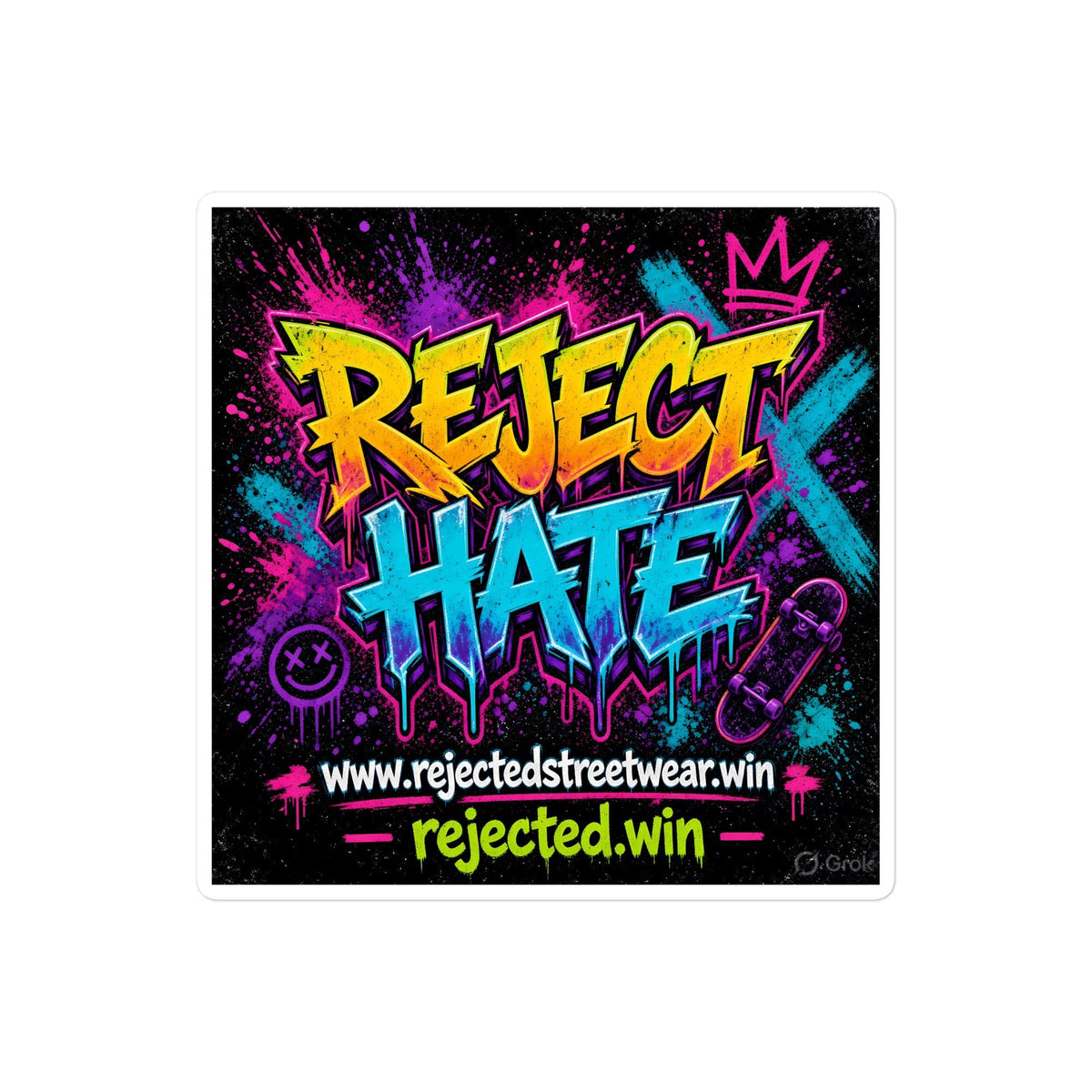 Square kiss-cut vinyl decal with neon graffiti REJECT HATE lettering on black