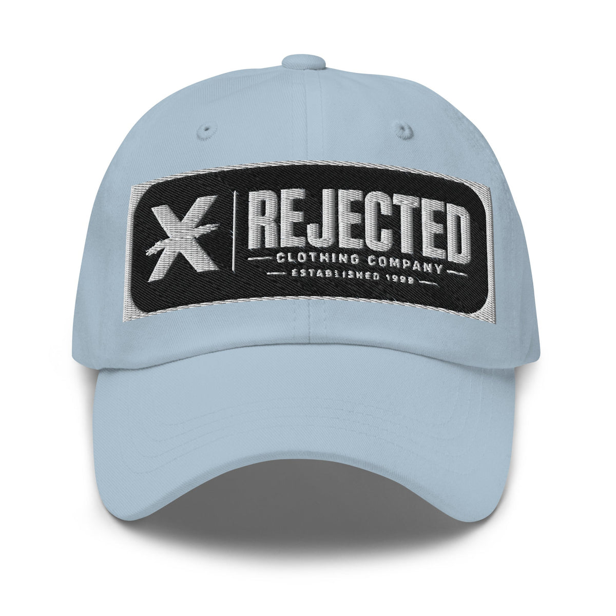 Black cotton dad hat with an embroidered Rejected Clothing Company Established 1999 patch