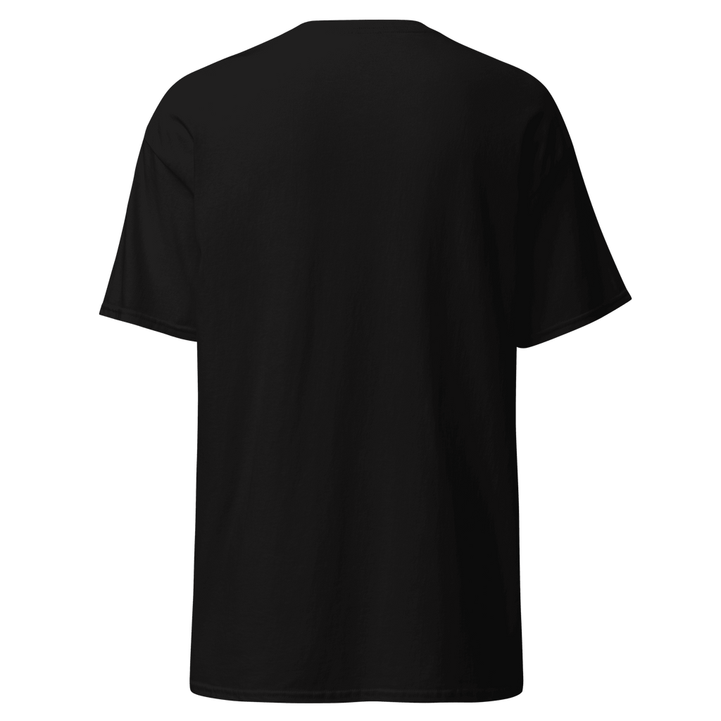 Black tee with the Death by Neglect gothic logo and skull, worn by a model