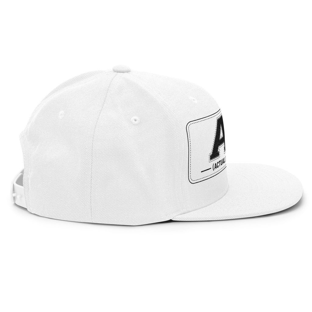 White snapback with an embroidered patch reading AI (ACTUAL INTELLIGENCE) in black