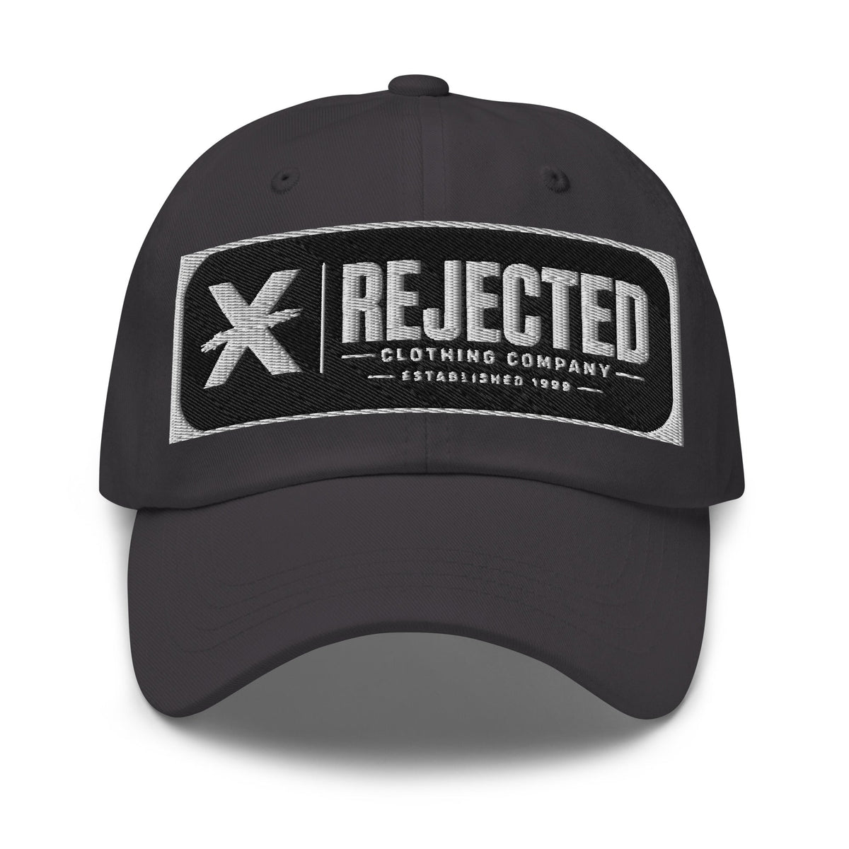 Black cotton dad hat with an embroidered Rejected Clothing Company Established 1999 patch