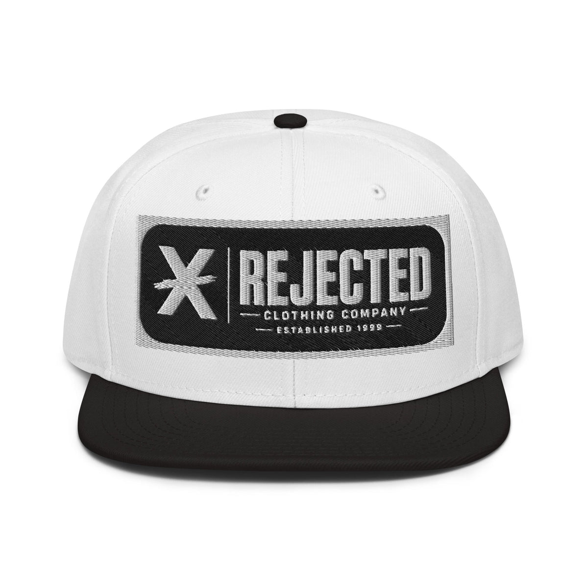 Black snapback with a teal brim and an embroidered Rejected Clothing Company Established 1999 patch