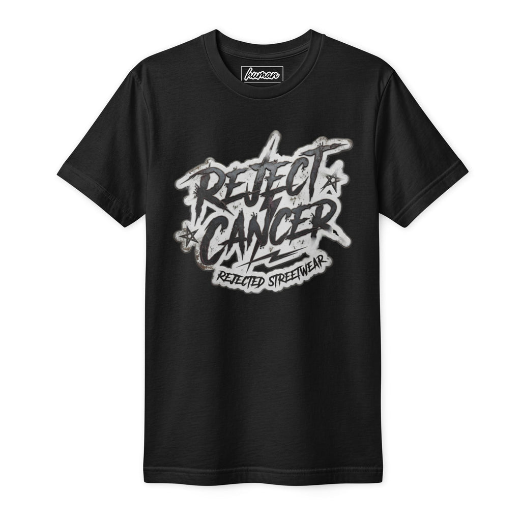 Black tee with distressed white REJECT CANCER lettering and Rejected Streetwear underneath