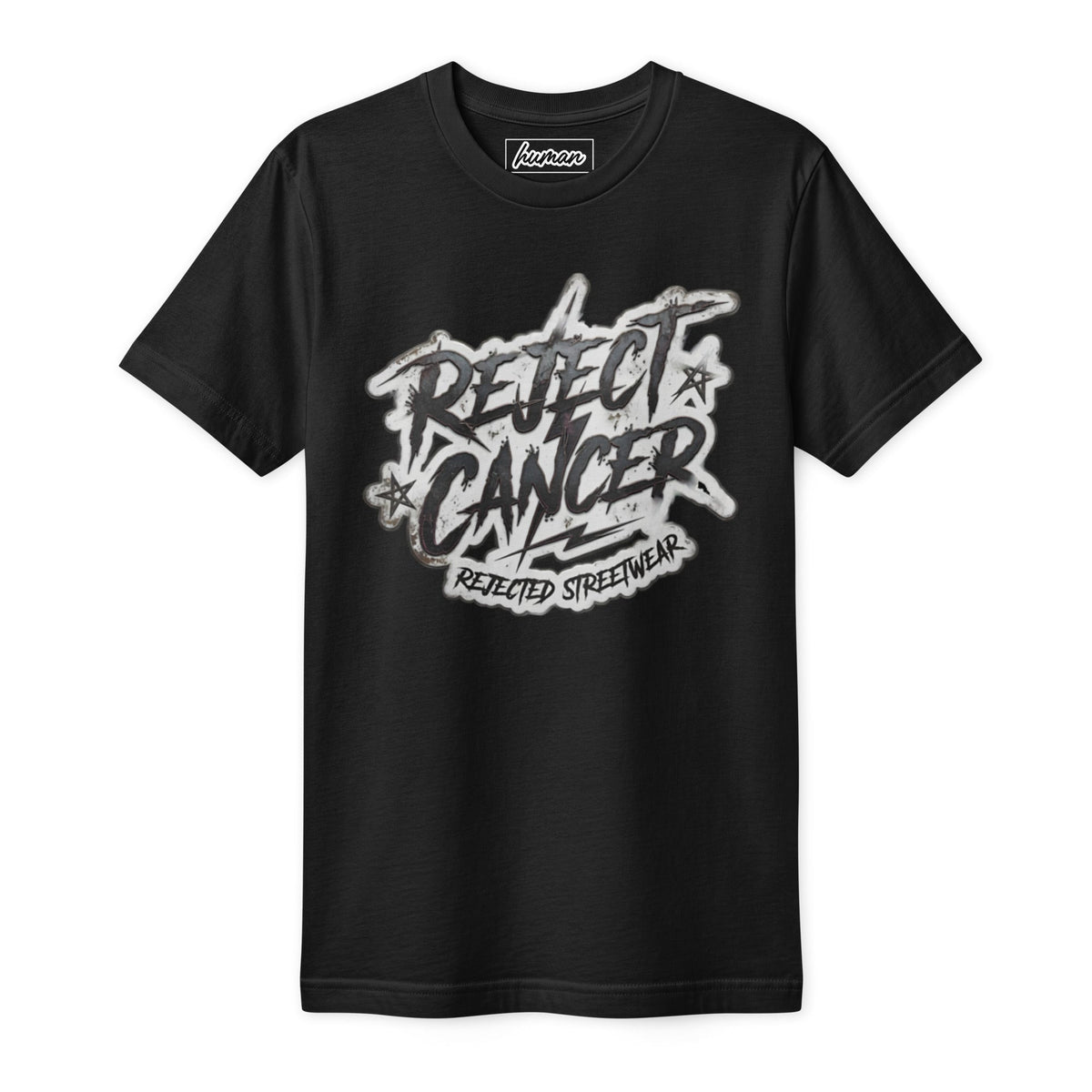 Black tee with distressed white REJECT CANCER lettering and Rejected Streetwear underneath