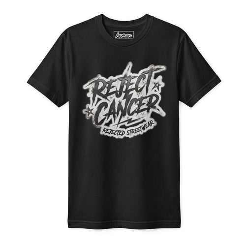 Black tee with distressed white REJECT CANCER lettering and Rejected Streetwear underneath