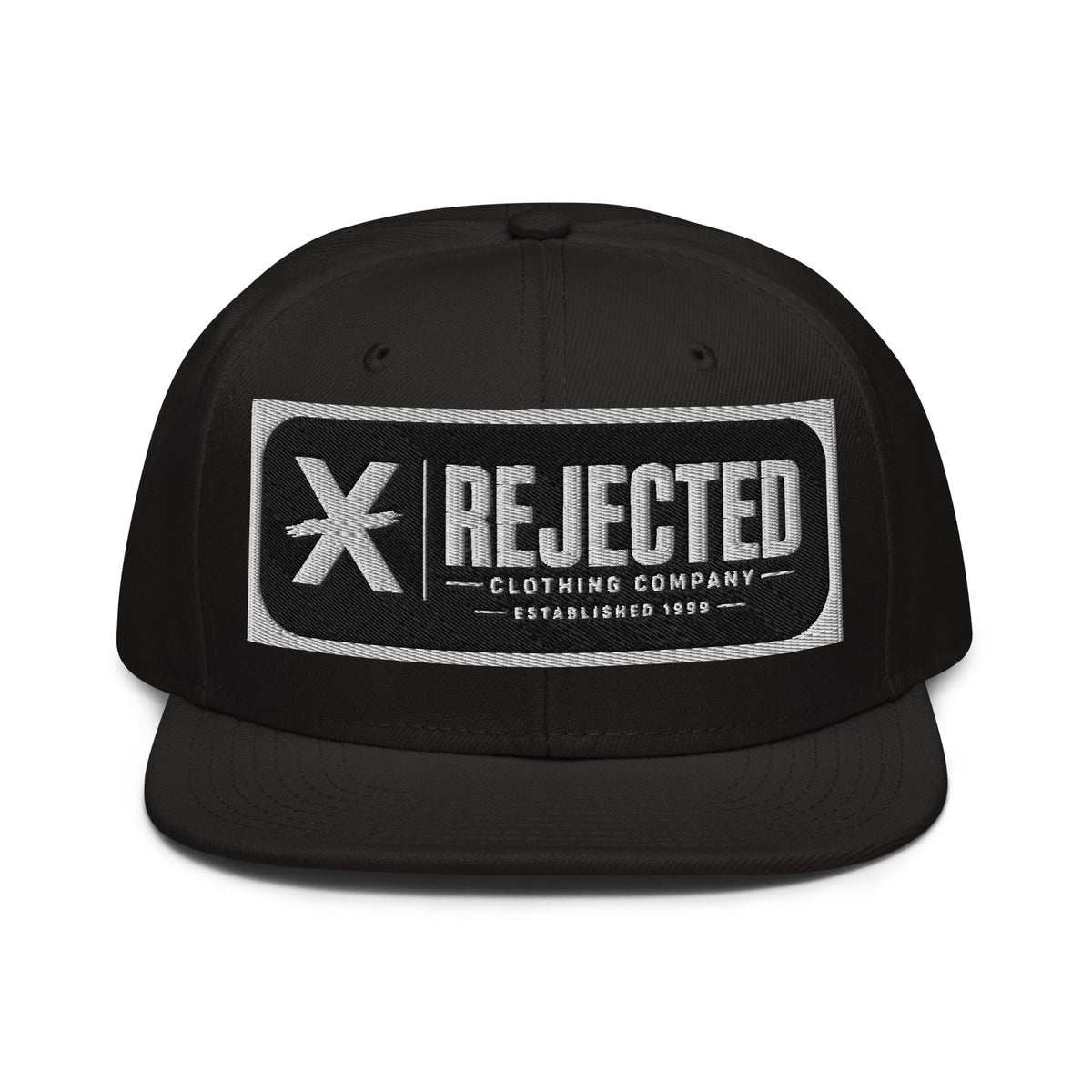 Black snapback with a teal brim and an embroidered Rejected Clothing Company Established 1999 patch