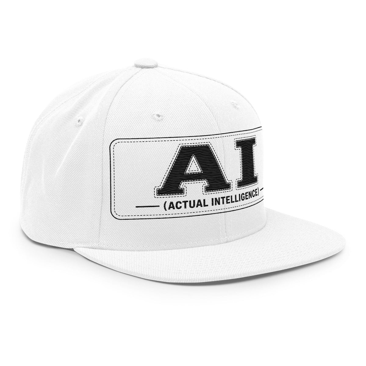 White snapback with an embroidered patch reading AI (ACTUAL INTELLIGENCE) in black