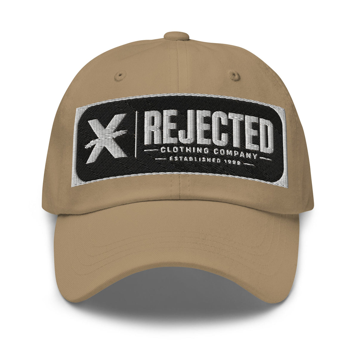 Black cotton dad hat with an embroidered Rejected Clothing Company Established 1999 patch