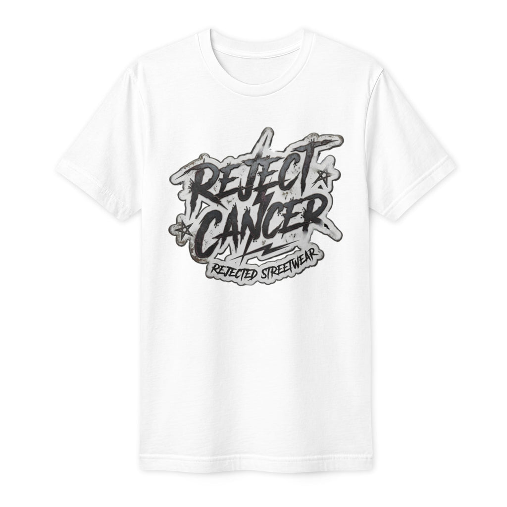 Black tee with distressed white REJECT CANCER lettering and Rejected Streetwear underneath