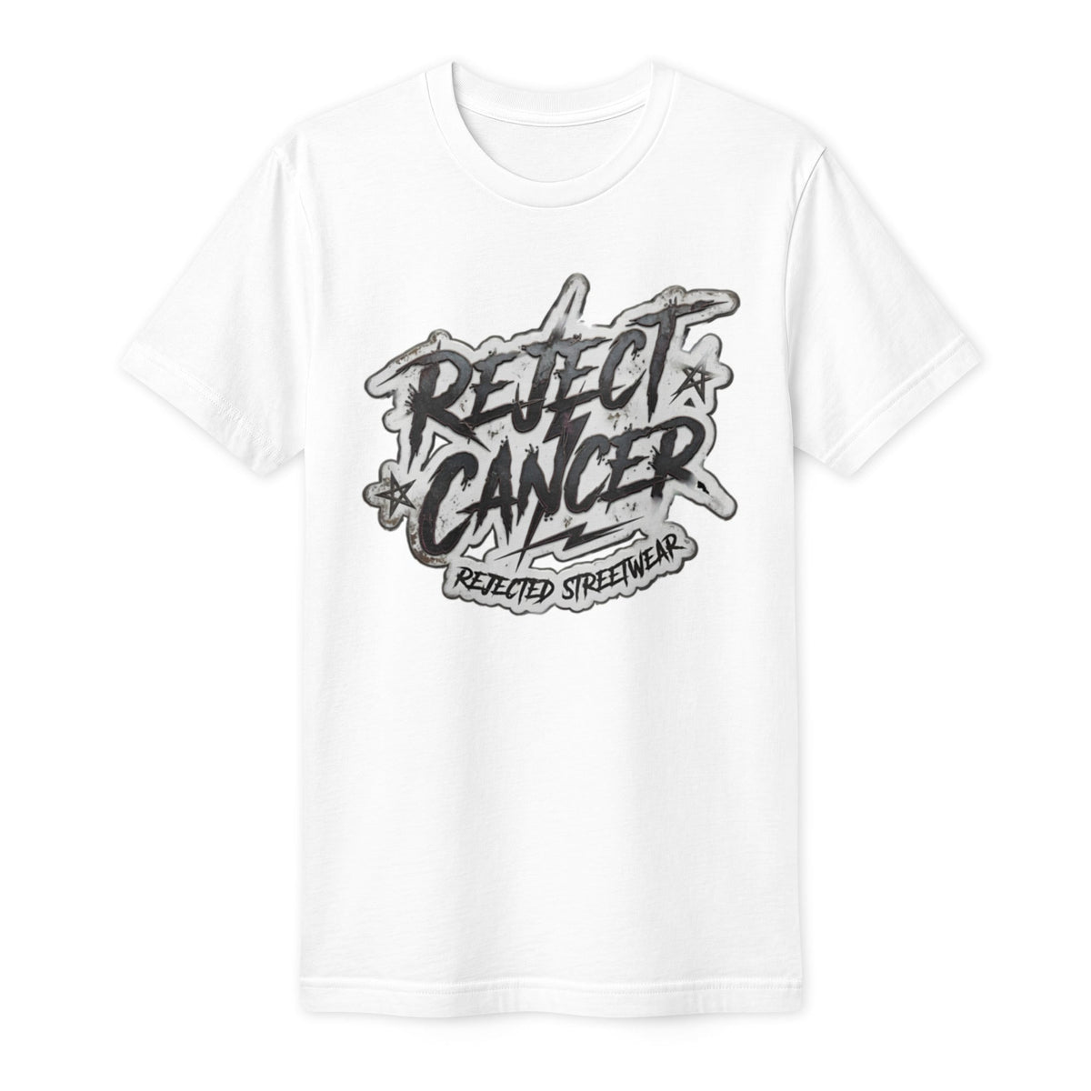 Black tee with distressed white REJECT CANCER lettering and Rejected Streetwear underneath