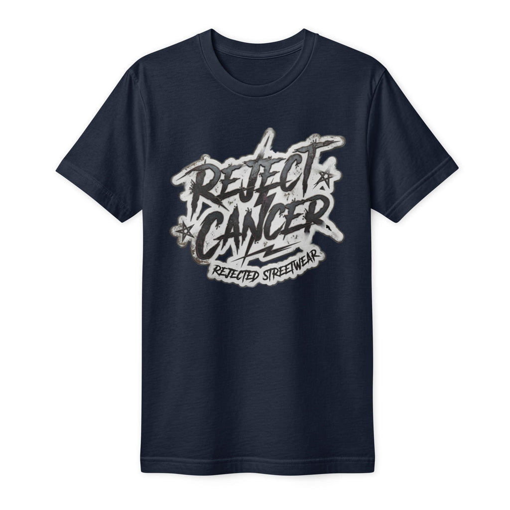 Black tee with distressed white REJECT CANCER lettering and Rejected Streetwear underneath