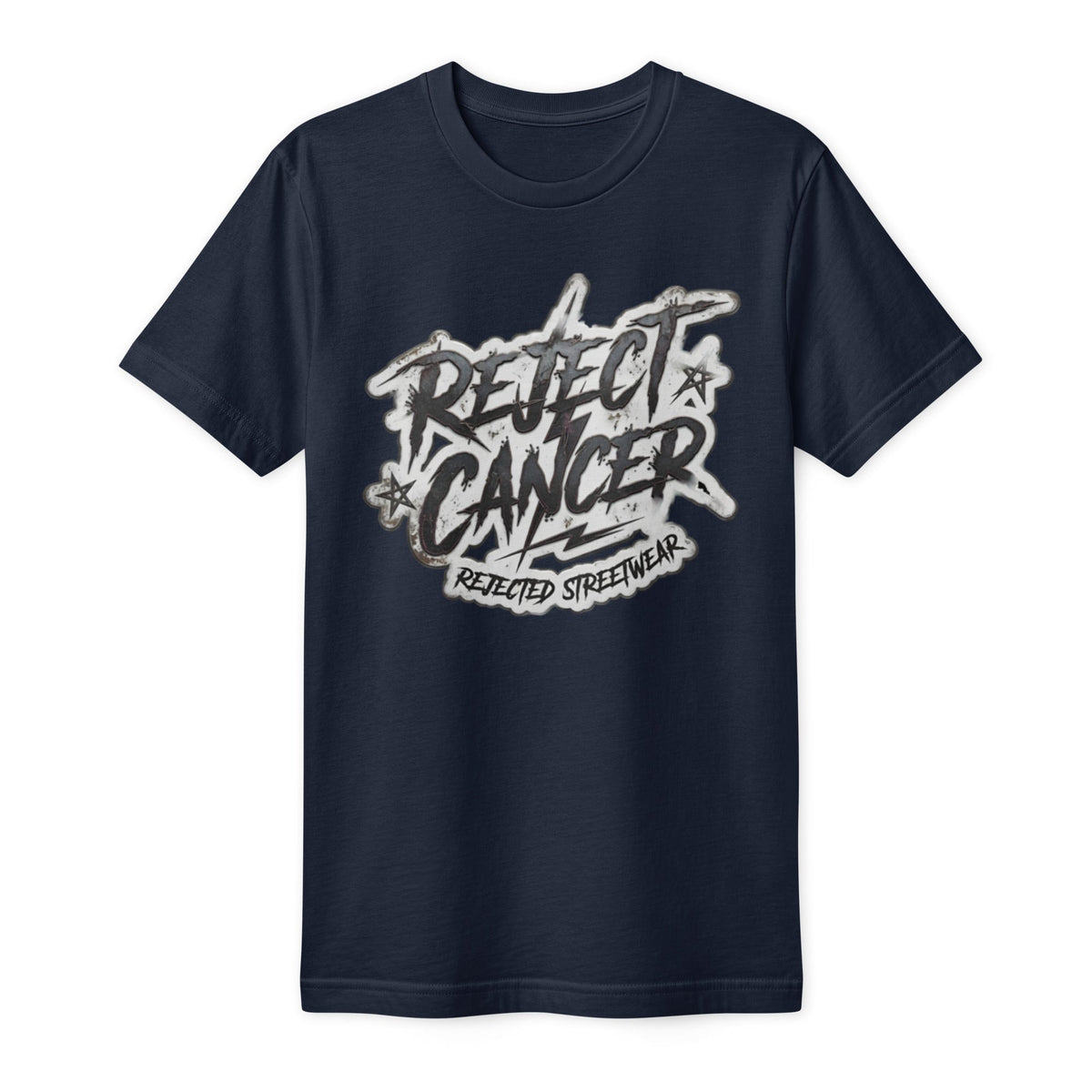 Black tee with distressed white REJECT CANCER lettering and Rejected Streetwear underneath