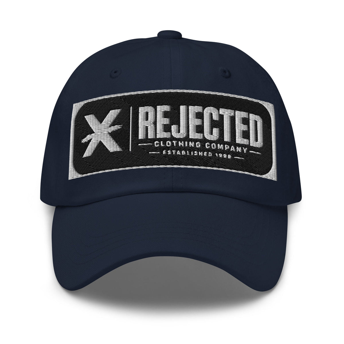 Black cotton dad hat with an embroidered Rejected Clothing Company Established 1999 patch