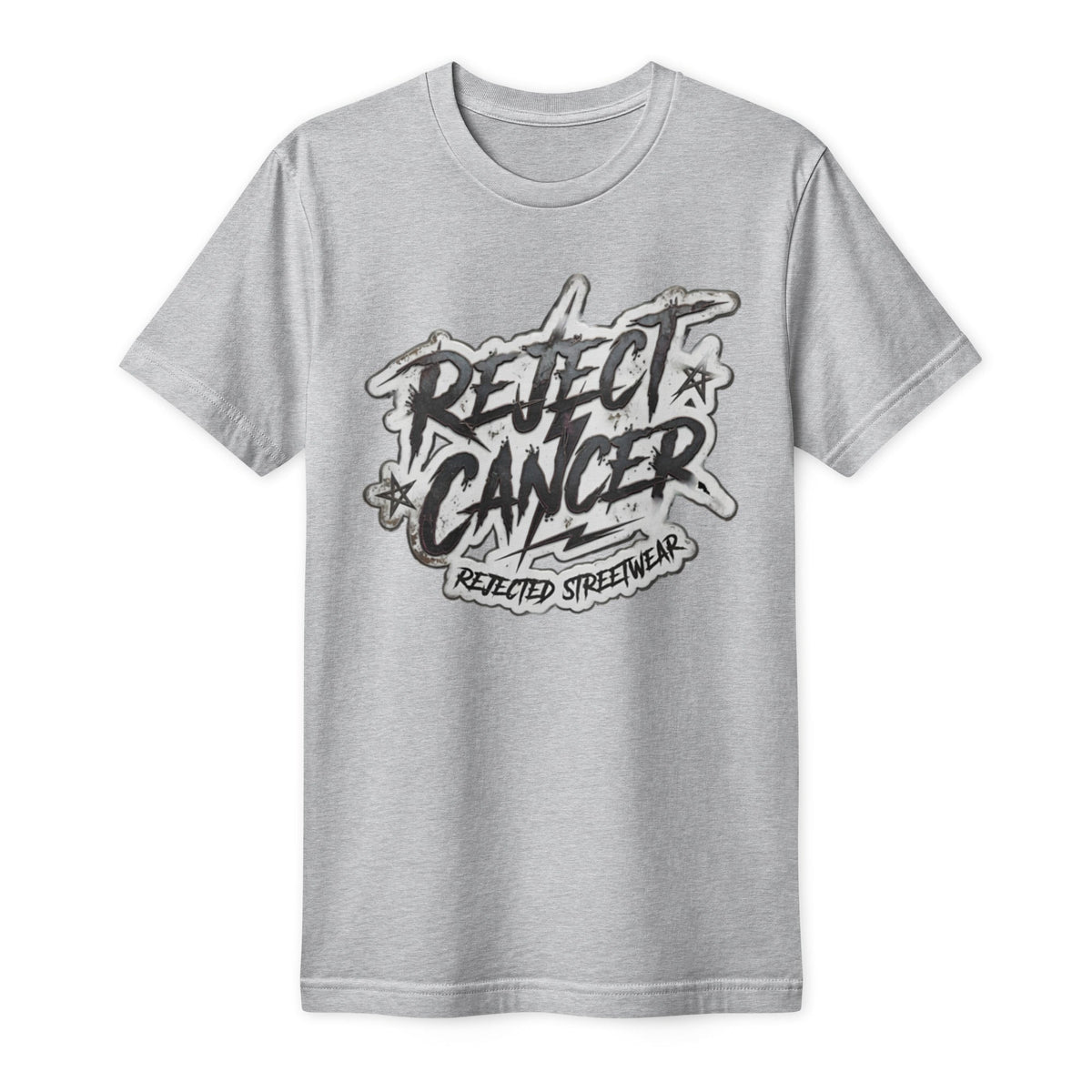 Black tee with distressed white REJECT CANCER lettering and Rejected Streetwear underneath