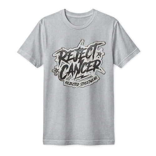 Black tee with distressed white REJECT CANCER lettering and Rejected Streetwear underneath