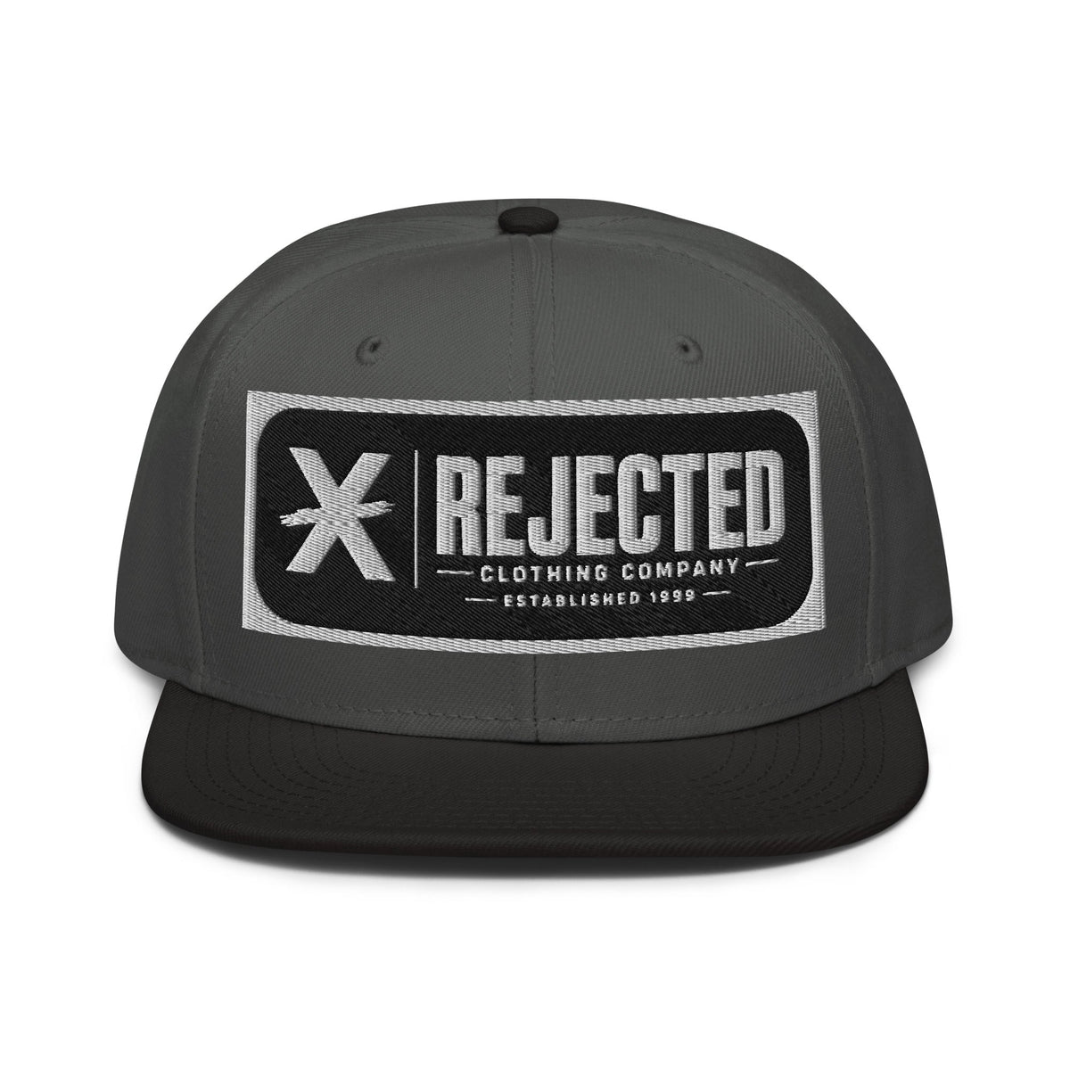 Black snapback with a teal brim and an embroidered Rejected Clothing Company Established 1999 patch