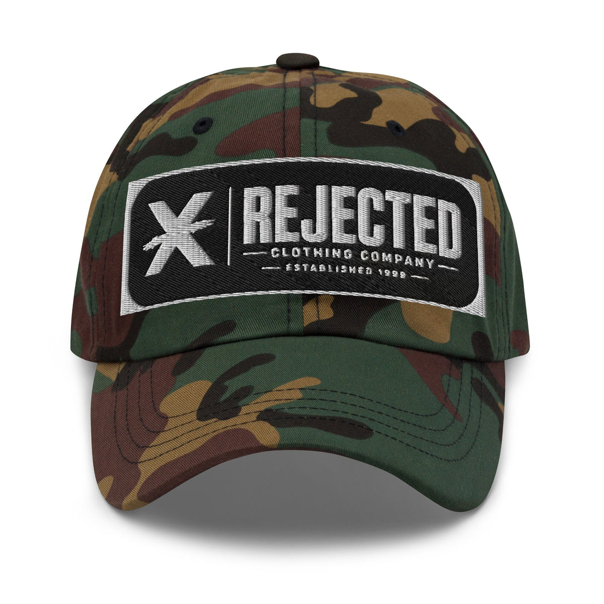 Black cotton dad hat with an embroidered Rejected Clothing Company Established 1999 patch