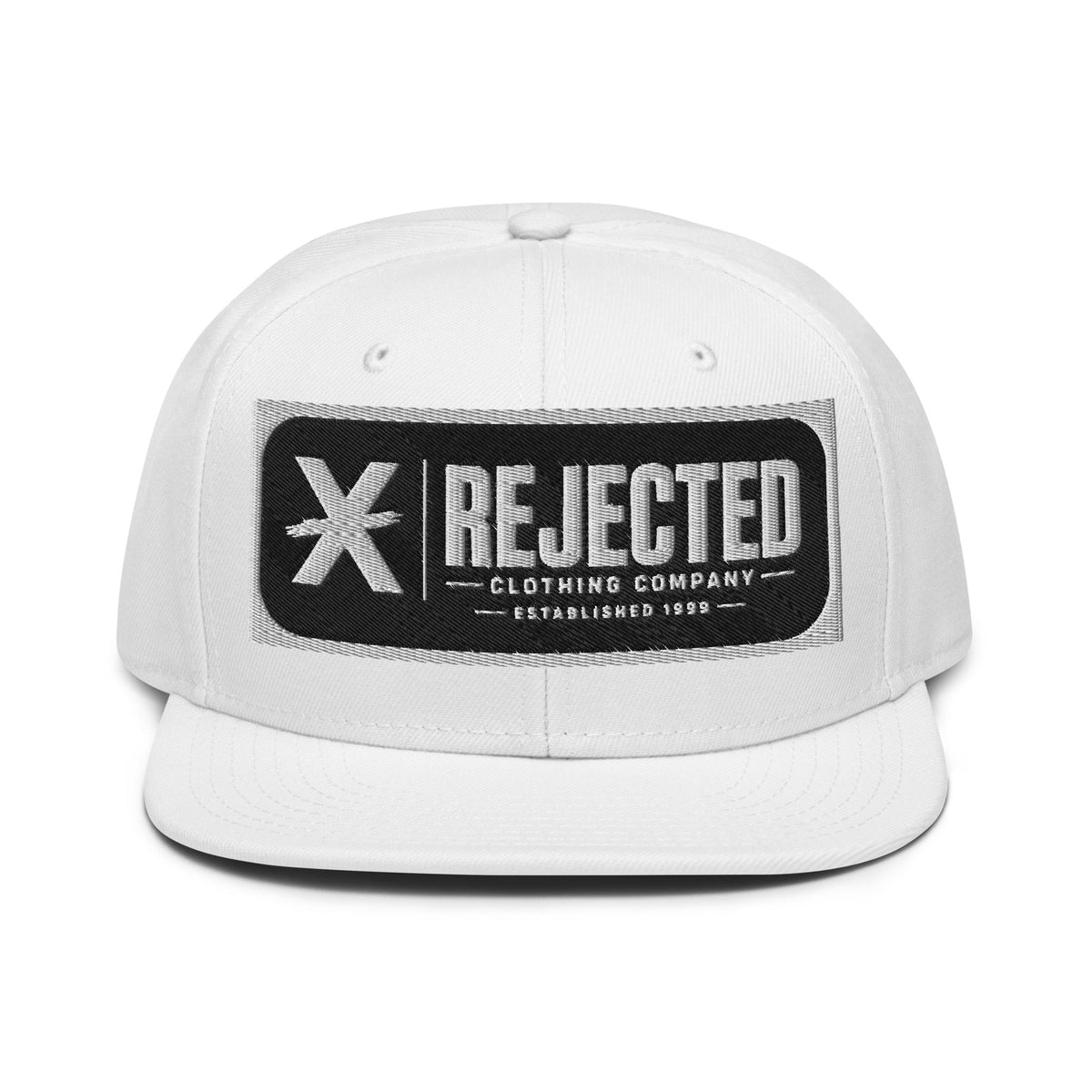 Black snapback with a teal brim and an embroidered Rejected Clothing Company Established 1999 patch