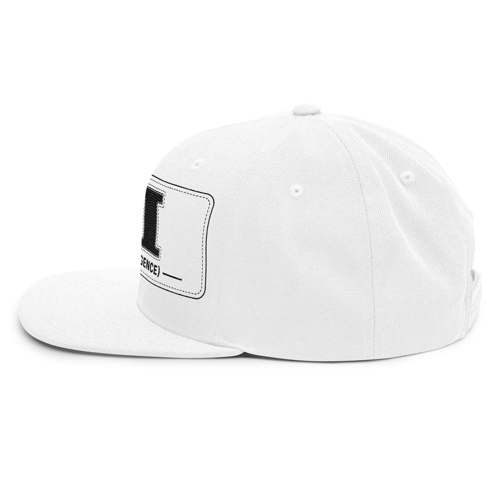 White snapback with an embroidered patch reading AI (ACTUAL INTELLIGENCE) in black