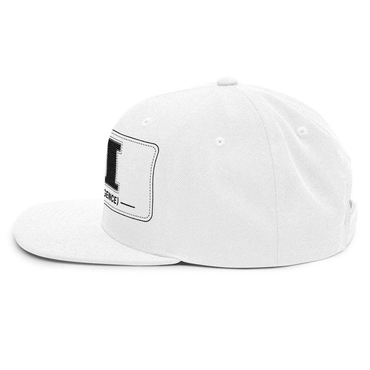 White snapback with an embroidered patch reading AI (ACTUAL INTELLIGENCE) in black