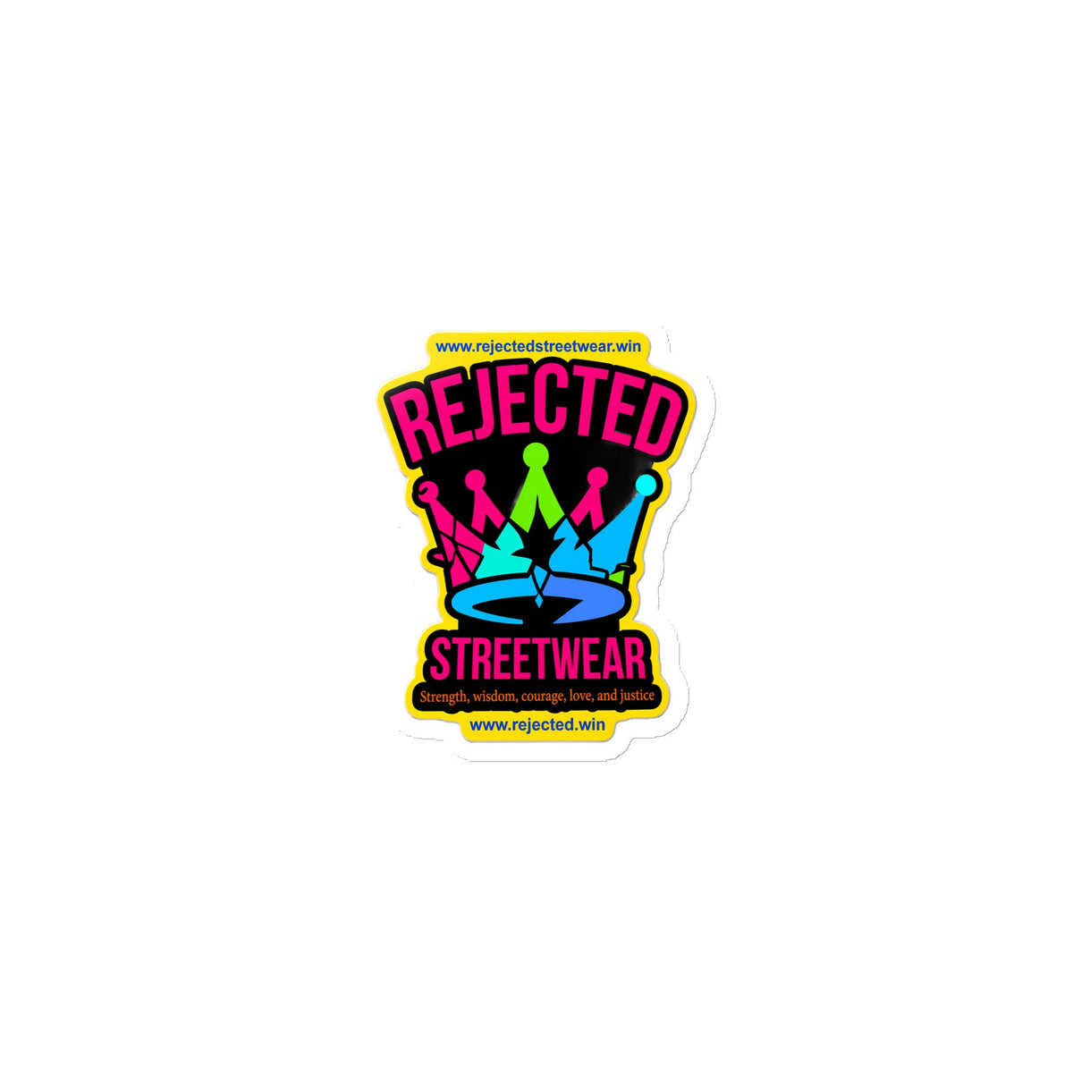 Die-cut magnet of the Rejected Streetwear crown badge with pink REJECTED lettering and a neon crown