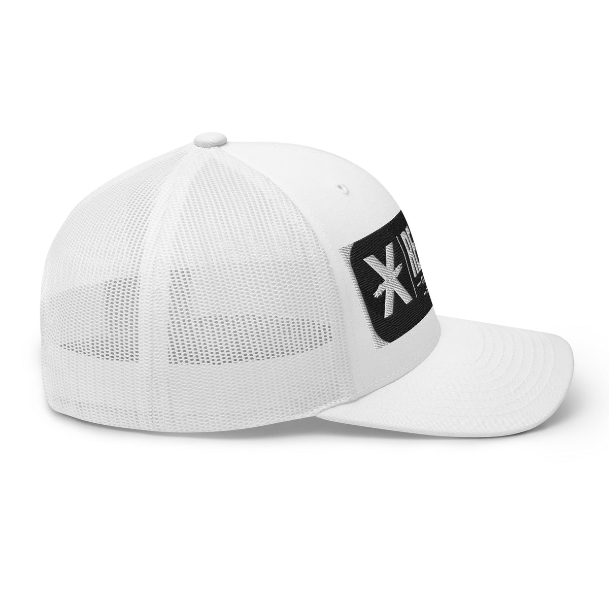 White trucker cap with an embroidered Rejected Clothing Company Established 1999 patch and X mark