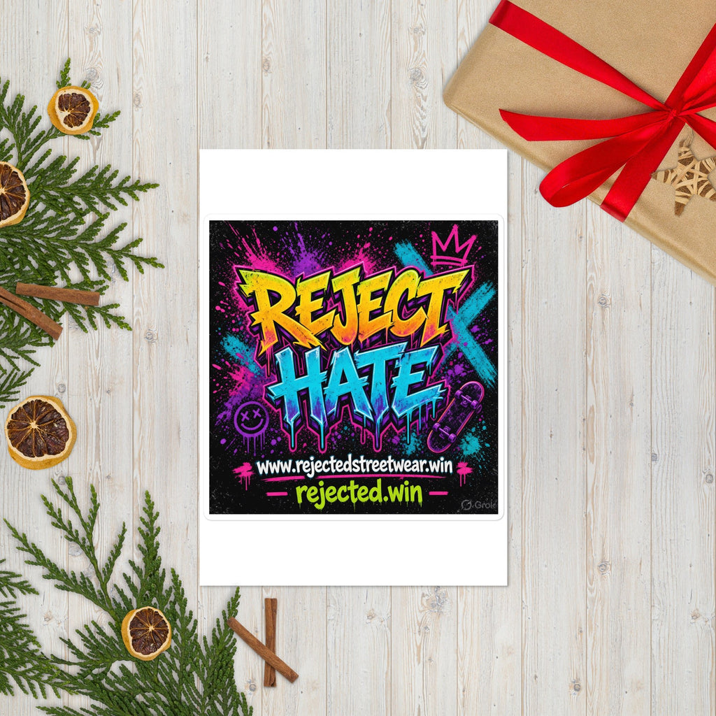 Glossy sticker sheet with neon graffiti REJECT HATE stickers on white borders