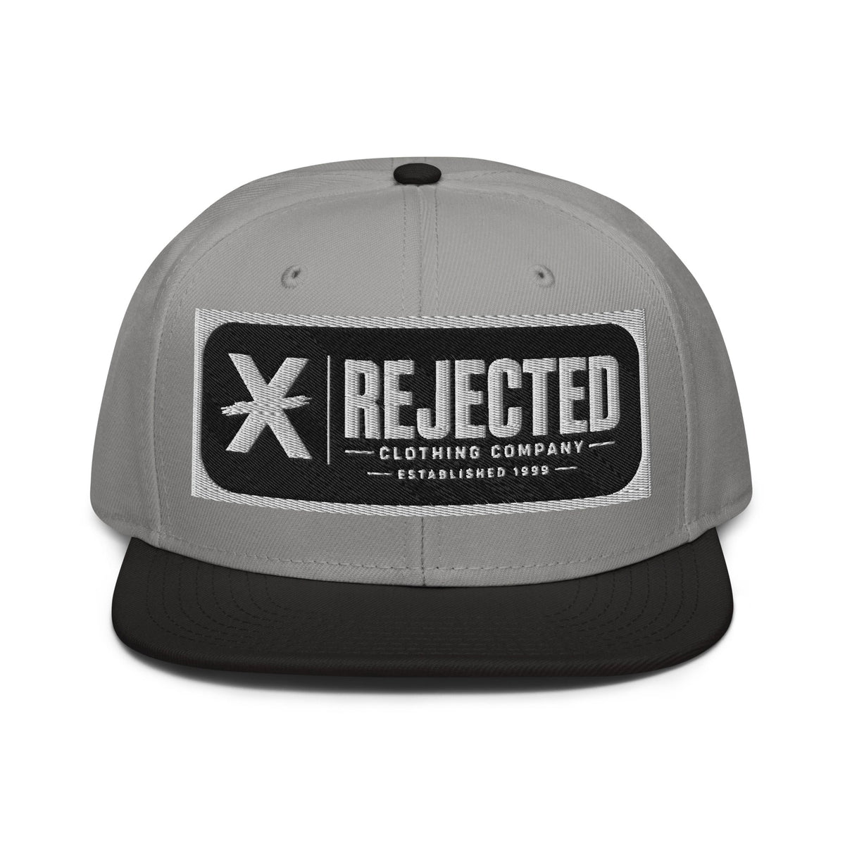 Black snapback with a teal brim and an embroidered Rejected Clothing Company Established 1999 patch