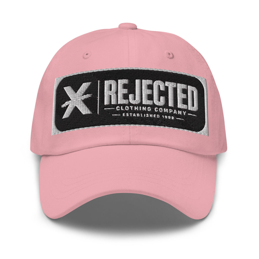 Black cotton dad hat with an embroidered Rejected Clothing Company Established 1999 patch