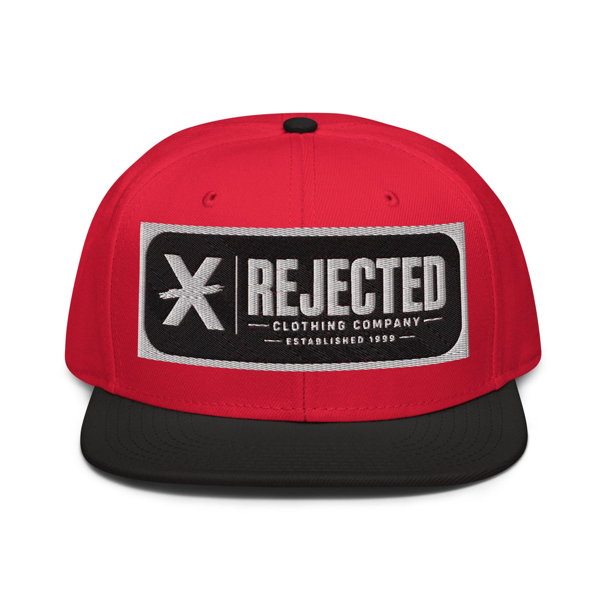 Black snapback with a teal brim and an embroidered Rejected Clothing Company Established 1999 patch