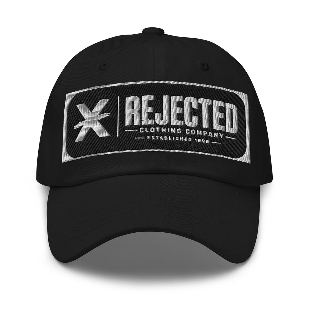 Black cotton dad hat with an embroidered Rejected Clothing Company Established 1999 patch