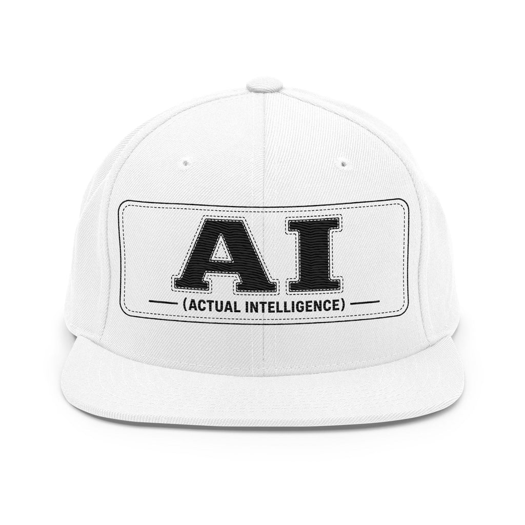 White snapback with an embroidered patch reading AI (ACTUAL INTELLIGENCE) in black