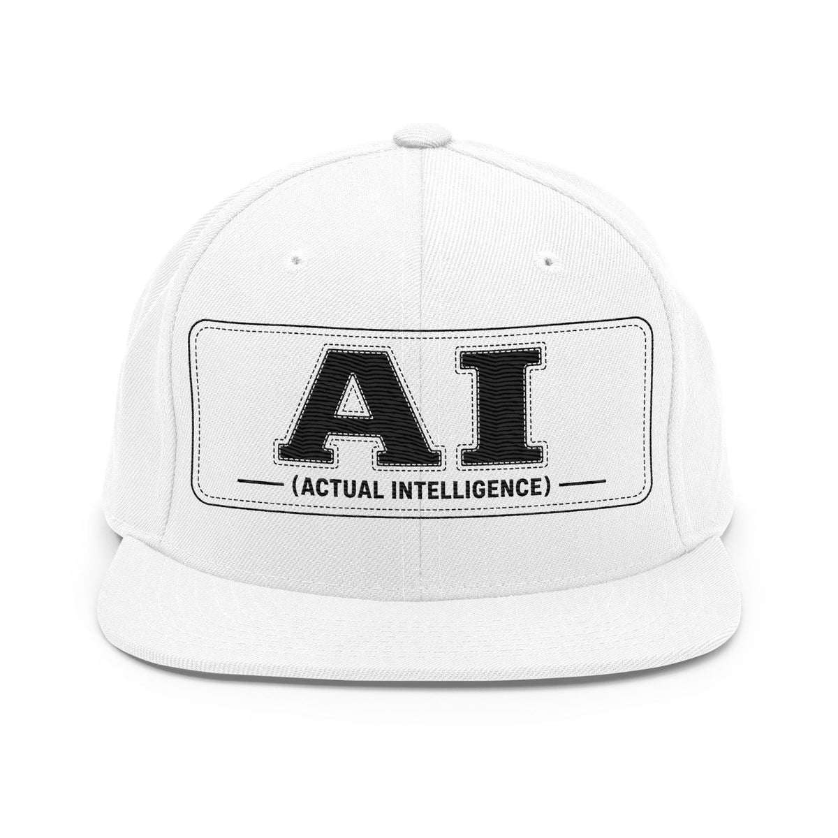 White snapback with an embroidered patch reading AI (ACTUAL INTELLIGENCE) in black