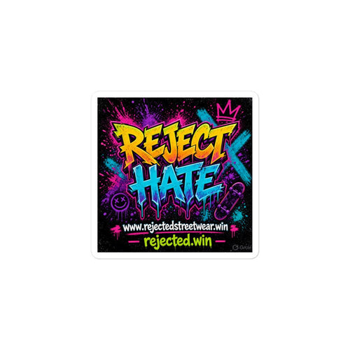 Neon graffiti REJECT HATE lettering on a black square vinyl sticker, Rejected Clothing Co