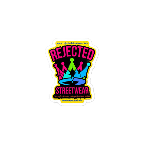Rejected Streetwear crown badge kiss-cut sticker with pink REJECTED lettering, a neon crown, and STREETWEAR