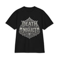 Oversized black heavyweight tee with the ornate Death by Neglect gothic crest and skulls