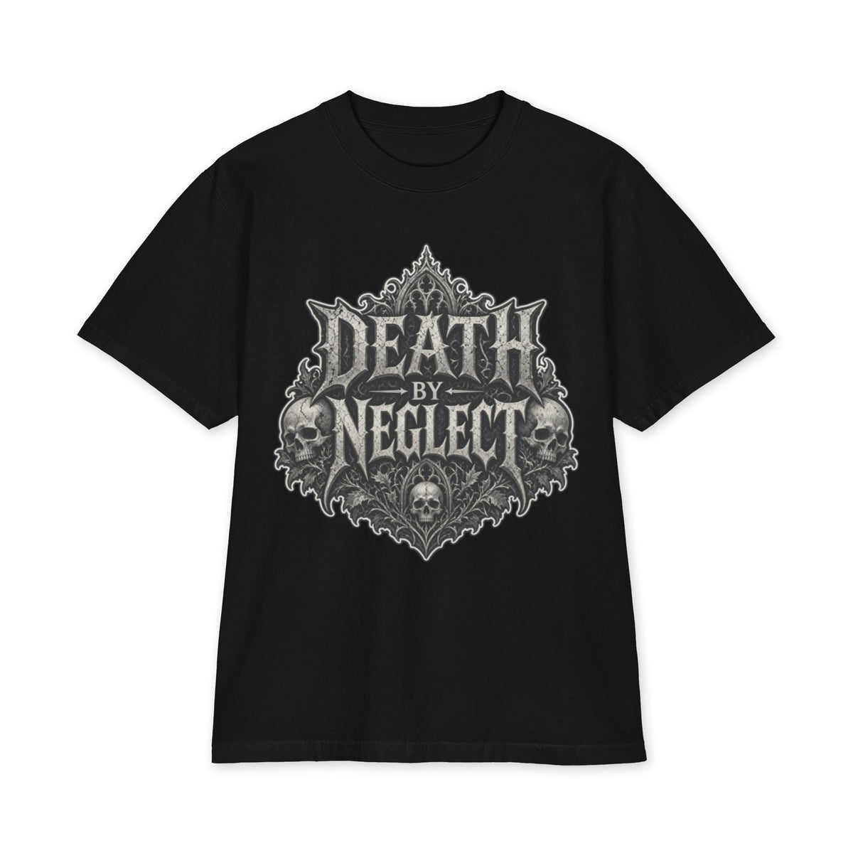 Oversized black heavyweight tee with the ornate Death by Neglect gothic crest and skulls