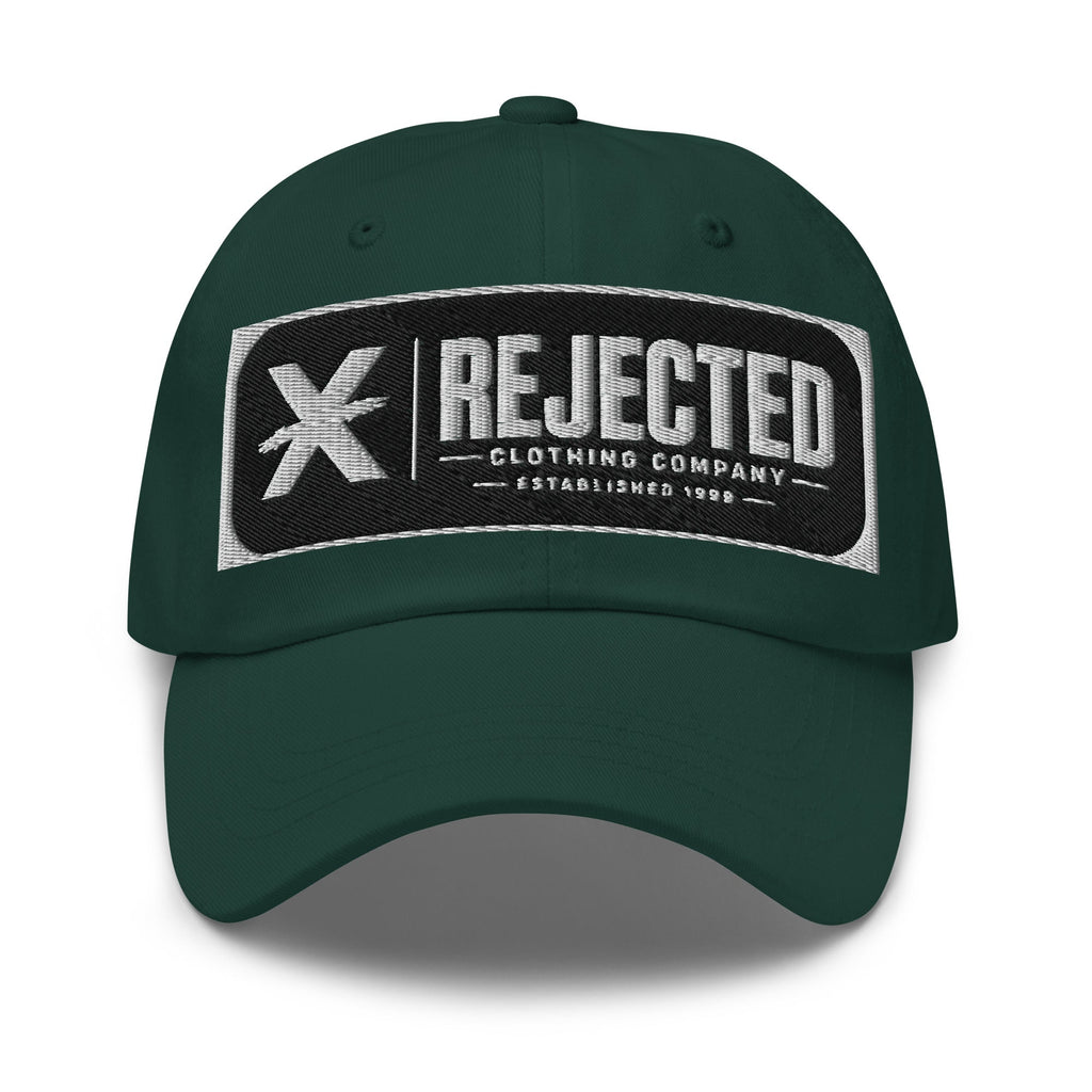 Black cotton dad hat with an embroidered Rejected Clothing Company Established 1999 patch