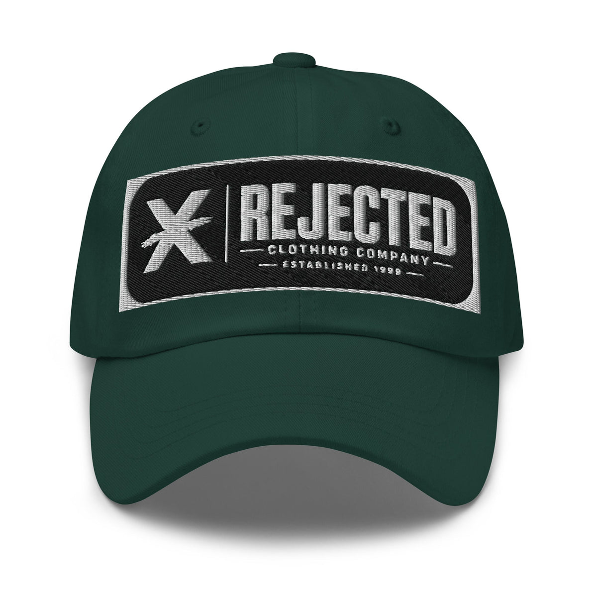 Black cotton dad hat with an embroidered Rejected Clothing Company Established 1999 patch