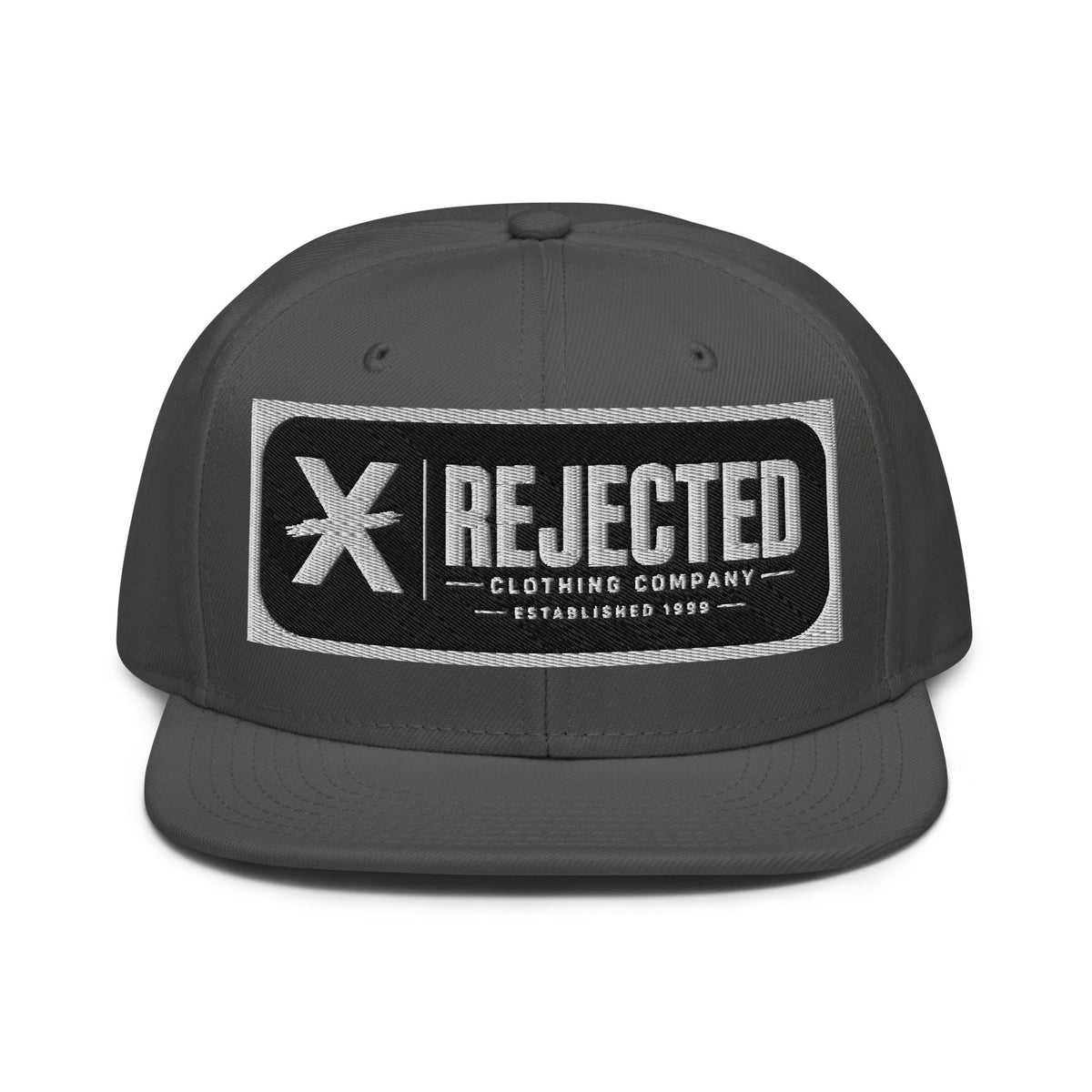 Black snapback with a teal brim and an embroidered Rejected Clothing Company Established 1999 patch